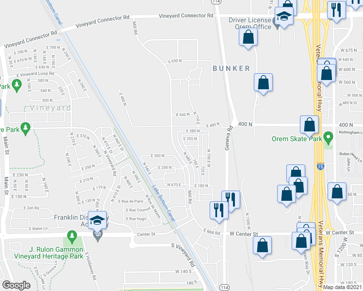 map of restaurants, bars, coffee shops, grocery stores, and more near 352 North 680 East in Vineyard
