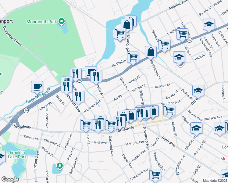 map of restaurants, bars, coffee shops, grocery stores, and more near 13 Buttonwood Avenue in Long Branch