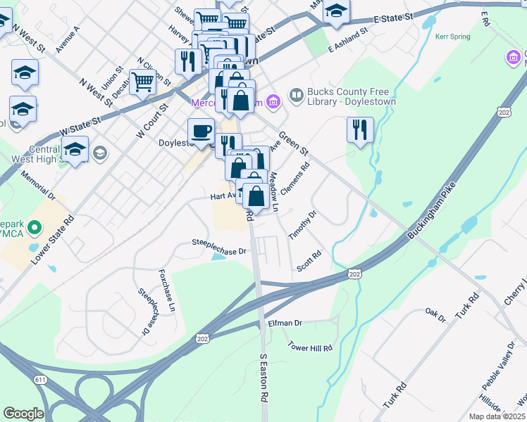 map of restaurants, bars, coffee shops, grocery stores, and more near 43 Meadow Lane in Doylestown