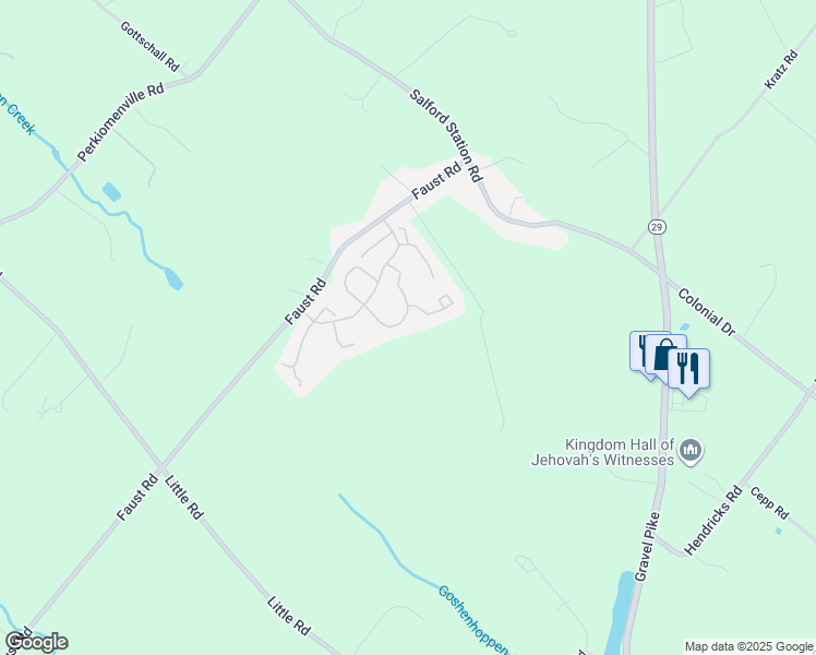 map of restaurants, bars, coffee shops, grocery stores, and more near 1162 Pin Oak Drive in Perkiomenville