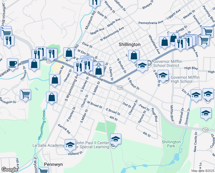 map of restaurants, bars, coffee shops, grocery stores, and more near 20 East Lancaster Avenue in Shillington