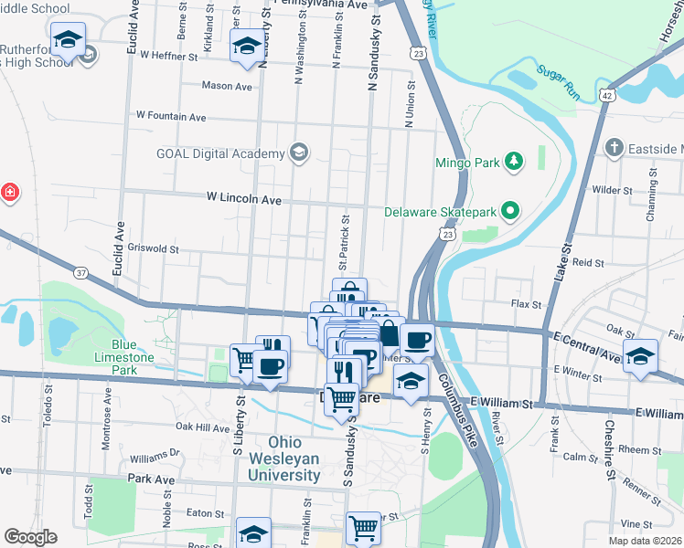 map of restaurants, bars, coffee shops, grocery stores, and more near St.Patrick Street in Delaware
