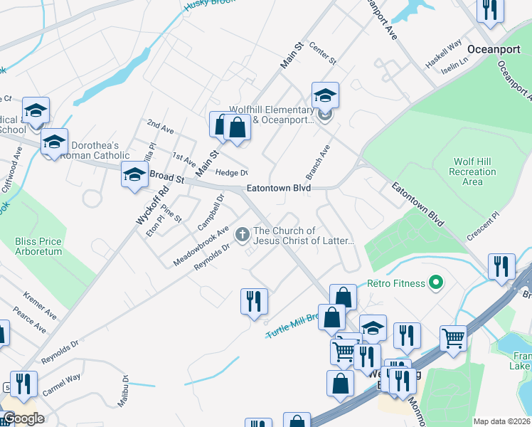map of restaurants, bars, coffee shops, grocery stores, and more near 21 Monmouth Road in Oceanport