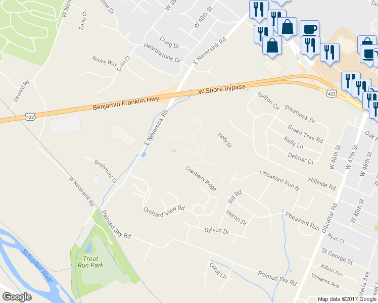 map of restaurants, bars, coffee shops, grocery stores, and more near 33-3 Wister Way in Reading