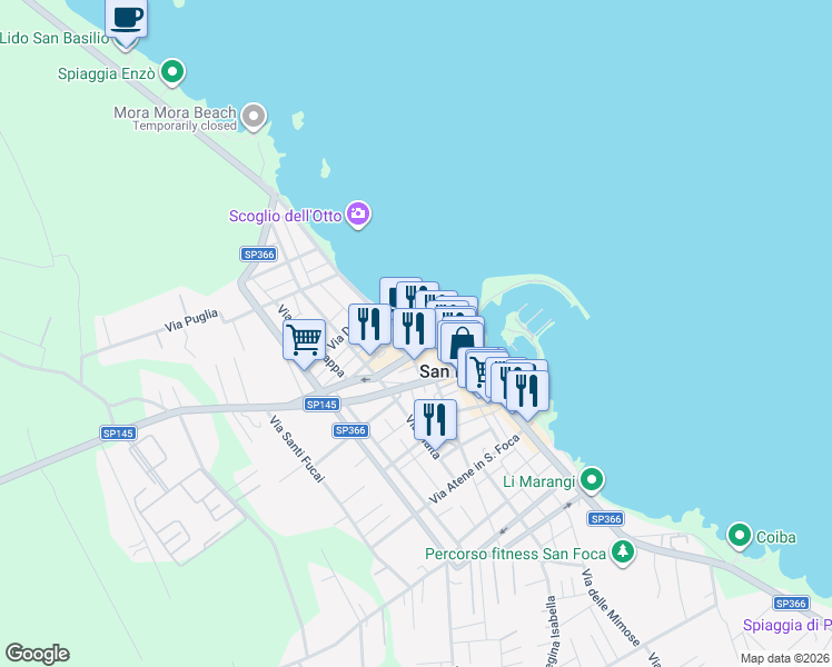 map of restaurants, bars, coffee shops, grocery stores, and more near 87 Via Lungomare Matteotti in San Foca