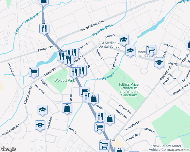 map of restaurants, bars, coffee shops, grocery stores, and more near 73 White Street in Eatontown