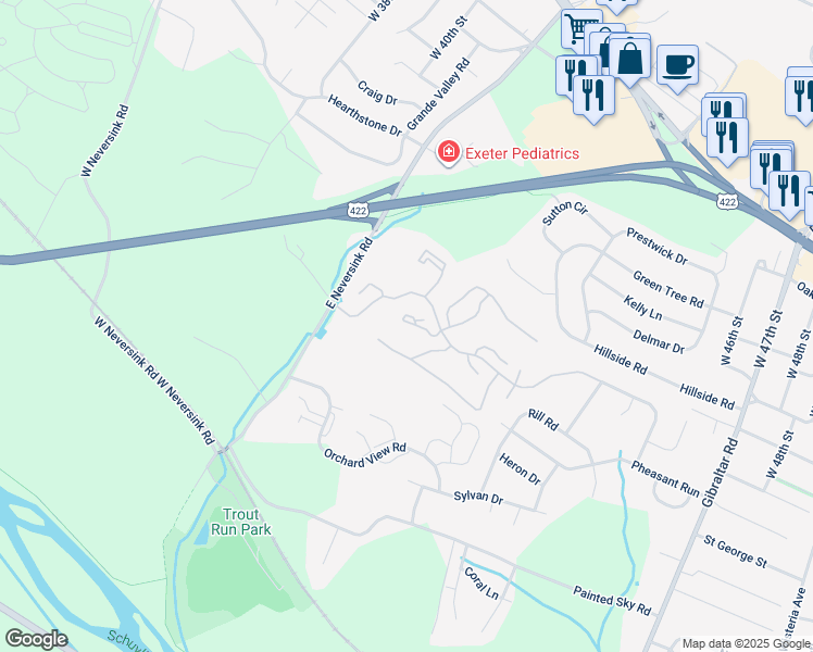 map of restaurants, bars, coffee shops, grocery stores, and more near 32 Wister Way in Reading