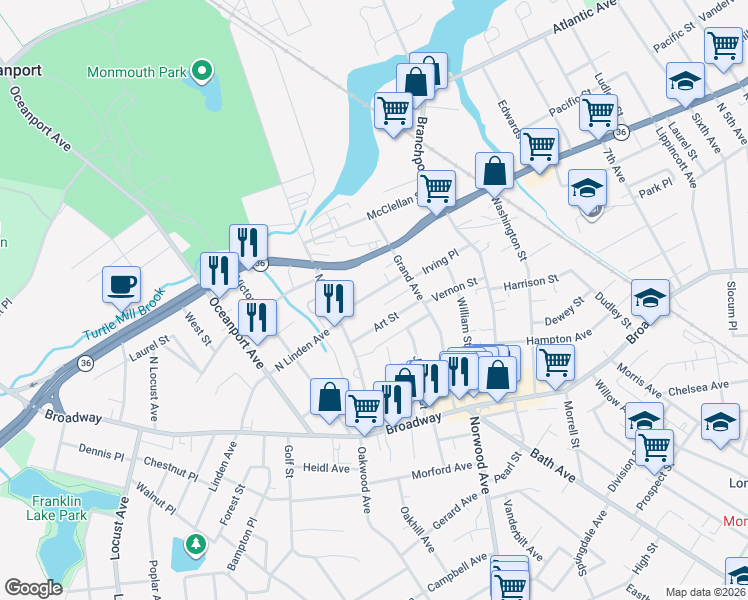 map of restaurants, bars, coffee shops, grocery stores, and more near 13 Buttonwood Avenue in Long Branch