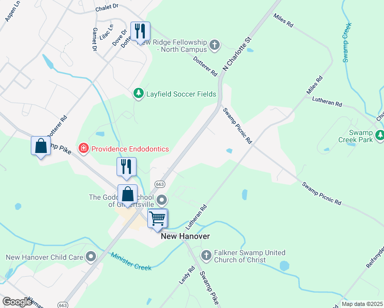 map of restaurants, bars, coffee shops, grocery stores, and more near 2970 North Charlotte Street in Gilbertsville