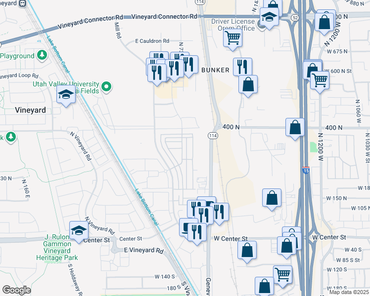 map of restaurants, bars, coffee shops, grocery stores, and more near 702 East 355 North in Vineyard