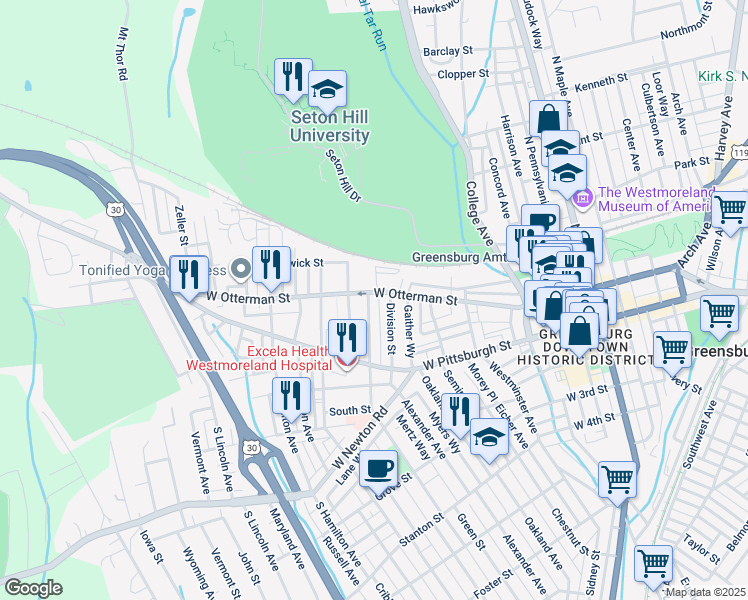 map of restaurants, bars, coffee shops, grocery stores, and more near 520 West Otterman Street in Greensburg