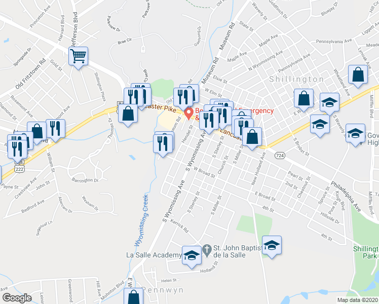 map of restaurants, bars, coffee shops, grocery stores, and more near 110 South Wyomissing Avenue in Shillington