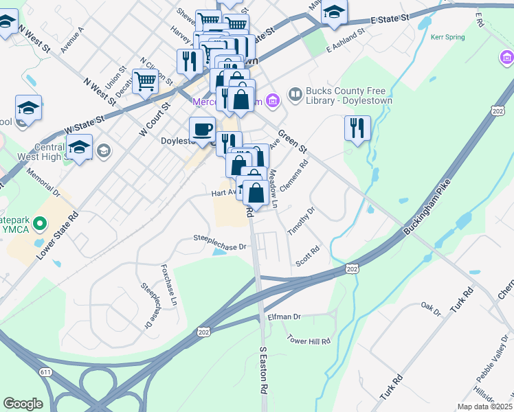 map of restaurants, bars, coffee shops, grocery stores, and more near 43 Meadow Lane in Doylestown