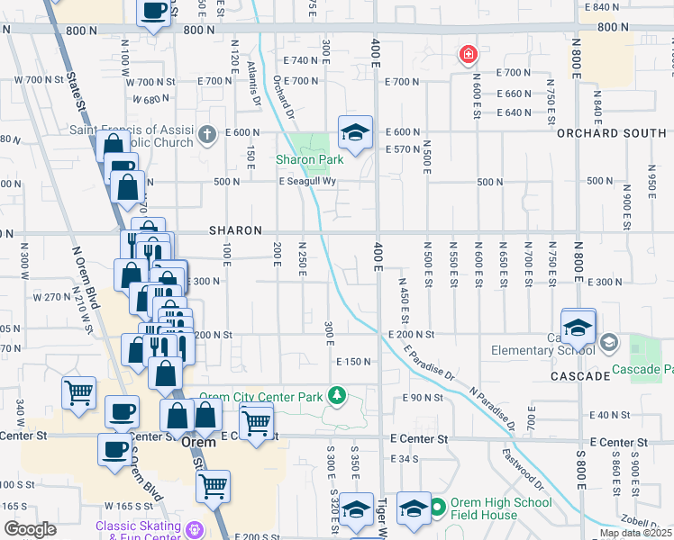map of restaurants, bars, coffee shops, grocery stores, and more near 294 Ninetta Circle in Orem