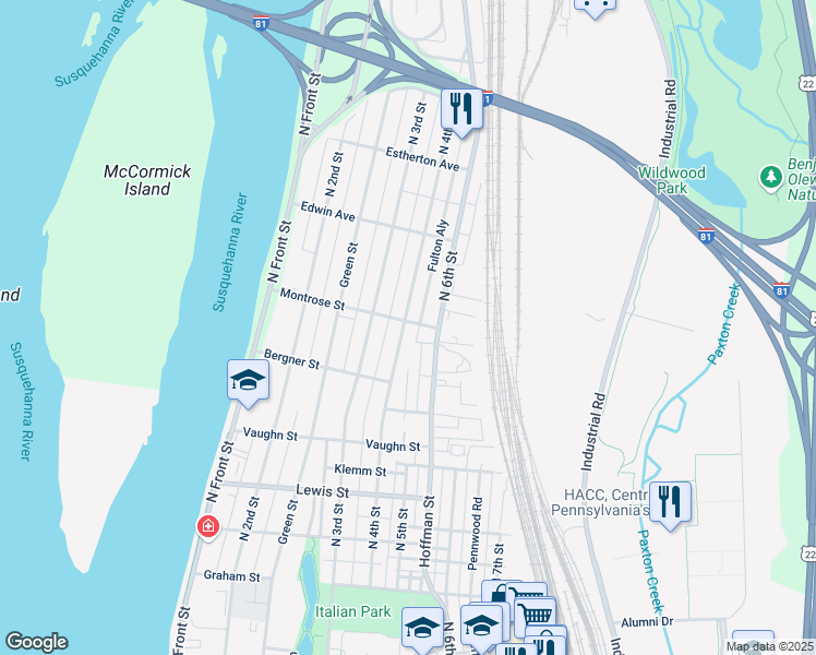 map of restaurants, bars, coffee shops, grocery stores, and more near 306 Montrose Street in Harrisburg
