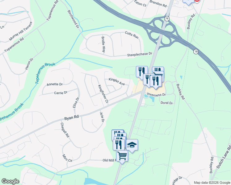 map of restaurants, bars, coffee shops, grocery stores, and more near 4 Bluebird Lane in Marlboro