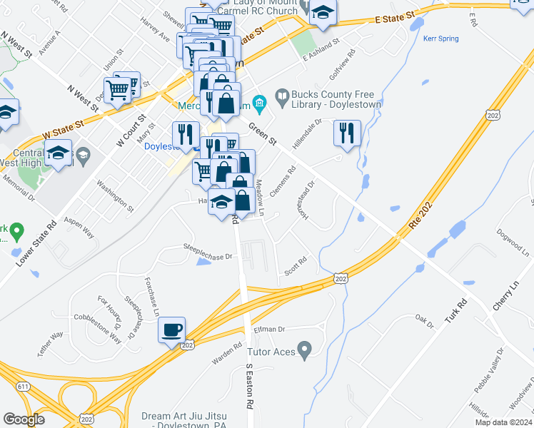 map of restaurants, bars, coffee shops, grocery stores, and more near 3 Trellis Path in Doylestown
