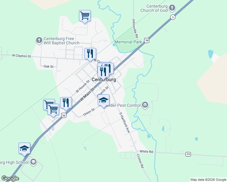 map of restaurants, bars, coffee shops, grocery stores, and more near 62 South Hartford Avenue in Centerburg