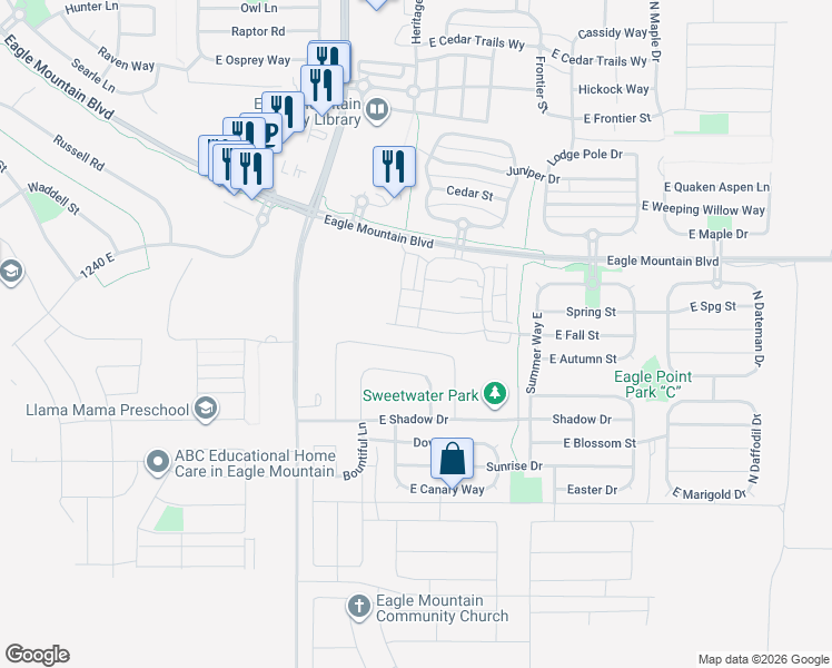 map of restaurants, bars, coffee shops, grocery stores, and more near 1736 East Fall Street in Eagle Mountain