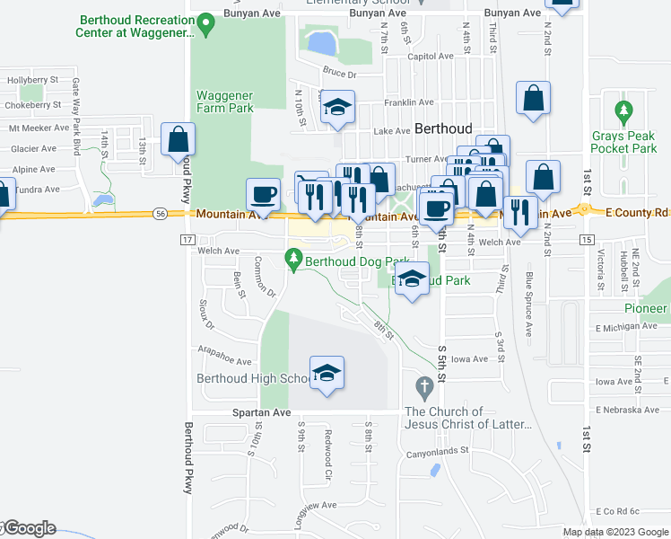 map of restaurants, bars, coffee shops, grocery stores, and more near 821 Gentlewind Way in Berthoud