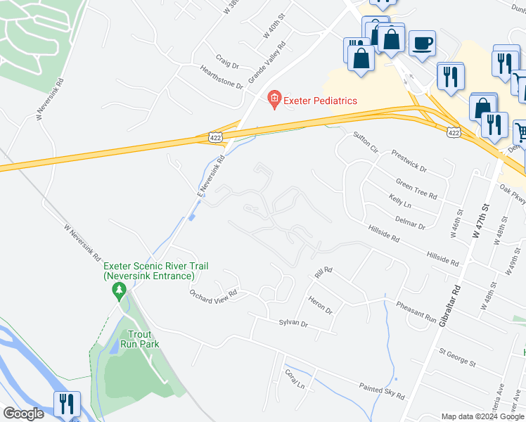 map of restaurants, bars, coffee shops, grocery stores, and more near 31-5 Wister Way in Reading