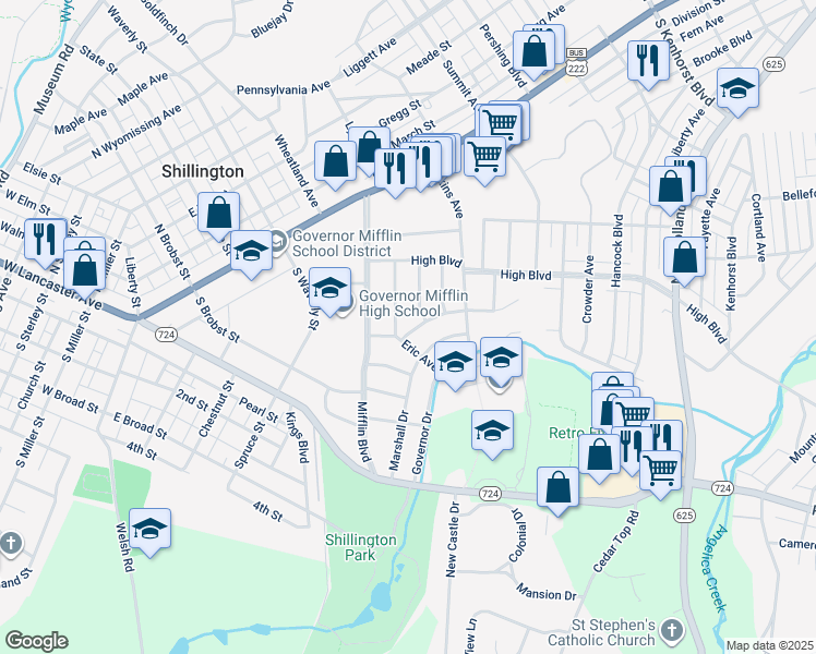 map of restaurants, bars, coffee shops, grocery stores, and more near 511 Grill Avenue in Reading
