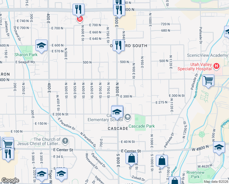 map of restaurants, bars, coffee shops, grocery stores, and more near 331 North 800 East in Orem