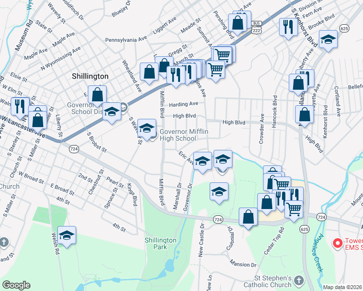 map of restaurants, bars, coffee shops, grocery stores, and more near 515 Grill Avenue in Reading