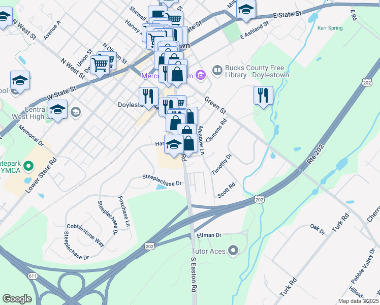 map of restaurants, bars, coffee shops, grocery stores, and more near 43 Meadow Lane in Doylestown