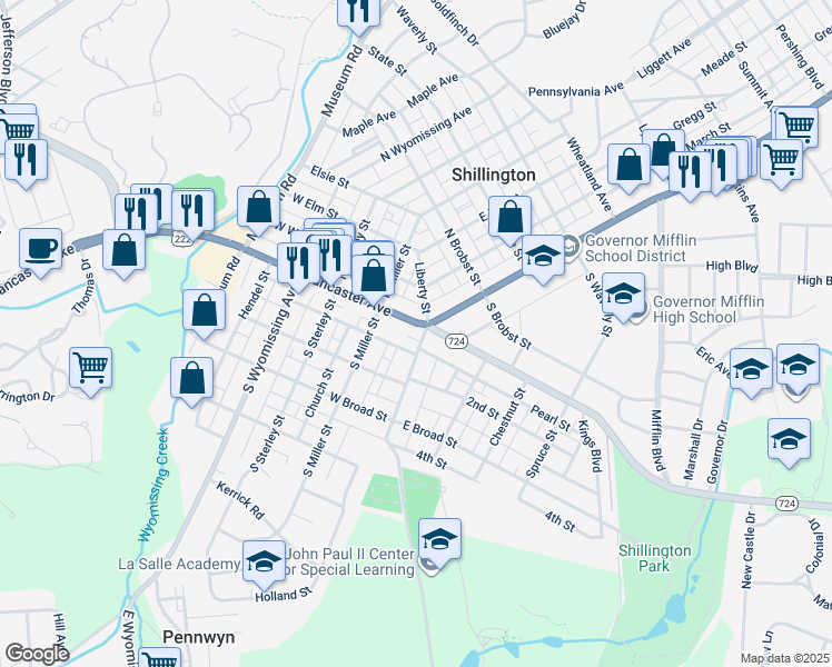 map of restaurants, bars, coffee shops, grocery stores, and more near 20 East Lancaster Avenue in Shillington