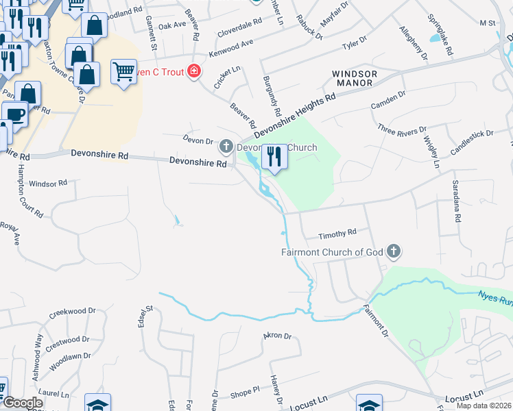 map of restaurants, bars, coffee shops, grocery stores, and more near 5785 Devonshire Road in Harrisburg