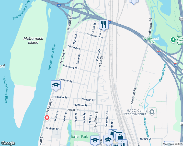 map of restaurants, bars, coffee shops, grocery stores, and more near 306 Montrose Street in Harrisburg