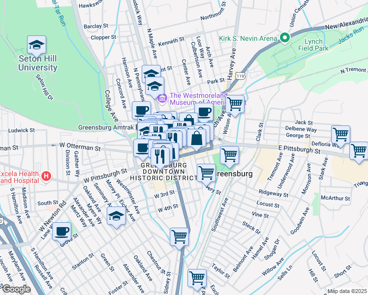 map of restaurants, bars, coffee shops, grocery stores, and more near 27 North Maple Avenue in Greensburg