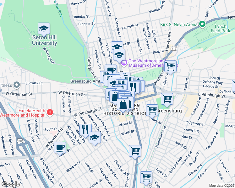 map of restaurants, bars, coffee shops, grocery stores, and more near 105 Harrison Avenue in Greensburg