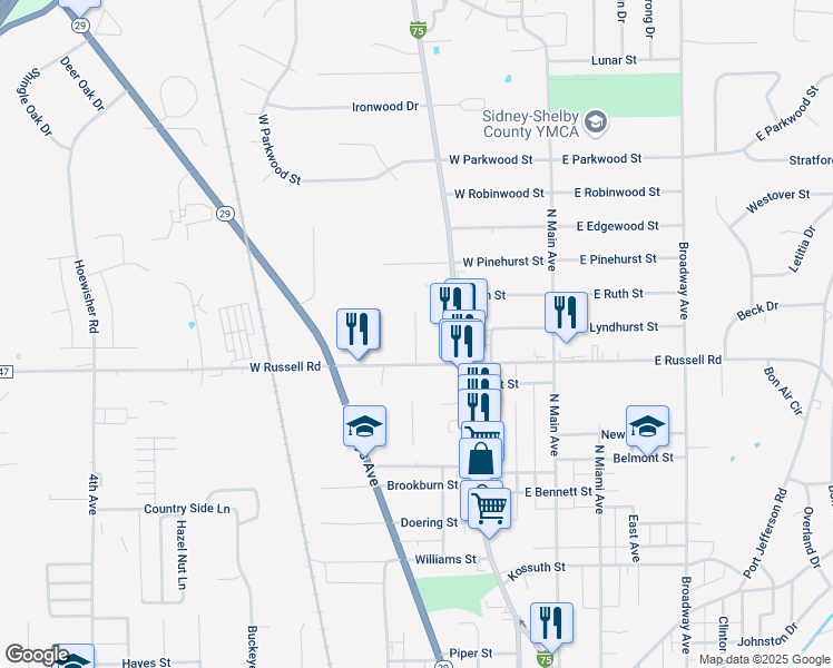 map of restaurants, bars, coffee shops, grocery stores, and more near 1561-1637 Wapakoneta Avenue in Sidney