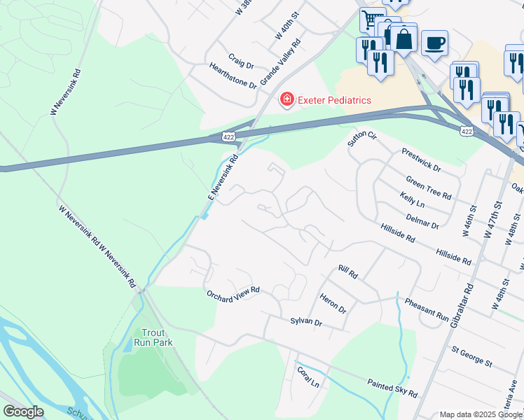map of restaurants, bars, coffee shops, grocery stores, and more near 32 Wister Way in Reading