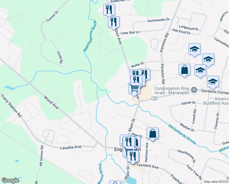 map of restaurants, bars, coffee shops, grocery stores, and more near 56 Oxford Court in Manalapan Township