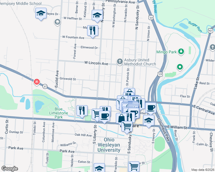 map of restaurants, bars, coffee shops, grocery stores, and more near 53 Griswold Street in Delaware