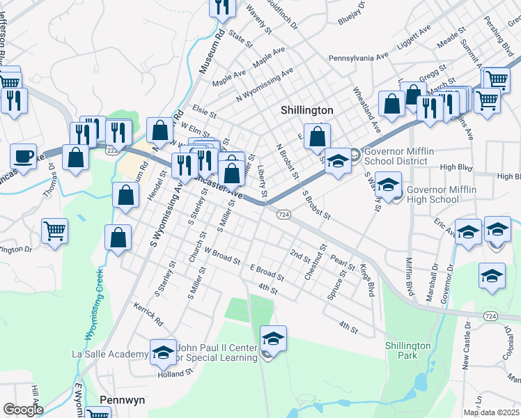 map of restaurants, bars, coffee shops, grocery stores, and more near 20 East Lancaster Avenue in Shillington