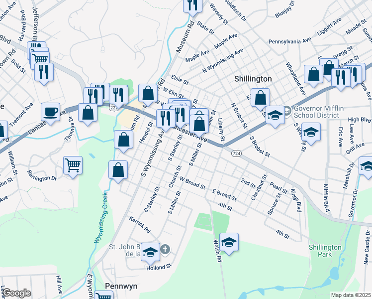 map of restaurants, bars, coffee shops, grocery stores, and more near 33 South Sterley Street in Shillington