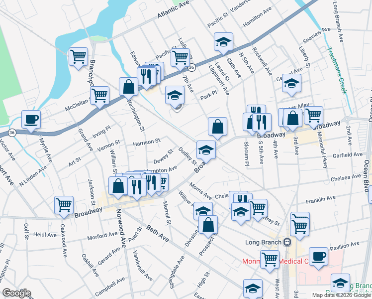 map of restaurants, bars, coffee shops, grocery stores, and more near 395 Hampton Avenue in Long Branch