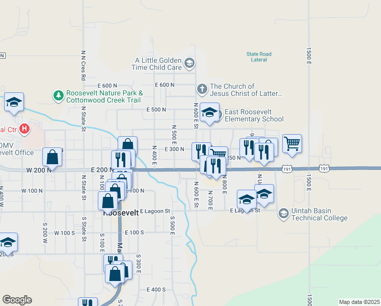 map of restaurants, bars, coffee shops, grocery stores, and more near 580 East 300 North in Roosevelt