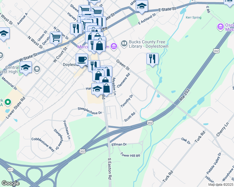 map of restaurants, bars, coffee shops, grocery stores, and more near 3 Trellis Path in Doylestown