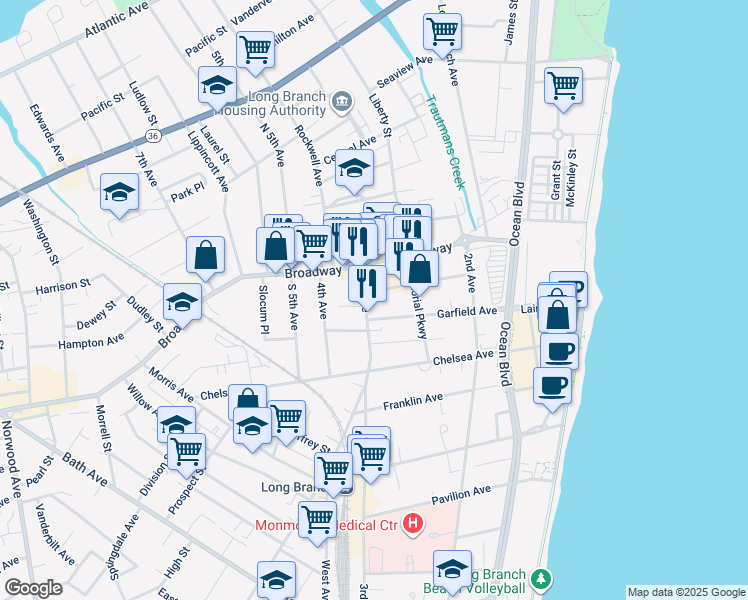 map of restaurants, bars, coffee shops, grocery stores, and more near 27 3rd Avenue in Long Branch