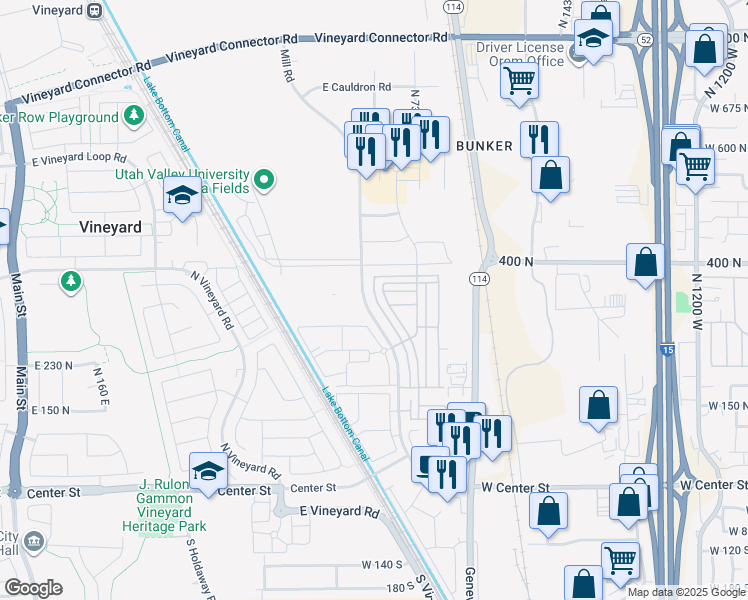 map of restaurants, bars, coffee shops, grocery stores, and more near 341 North 680 East in Vineyard