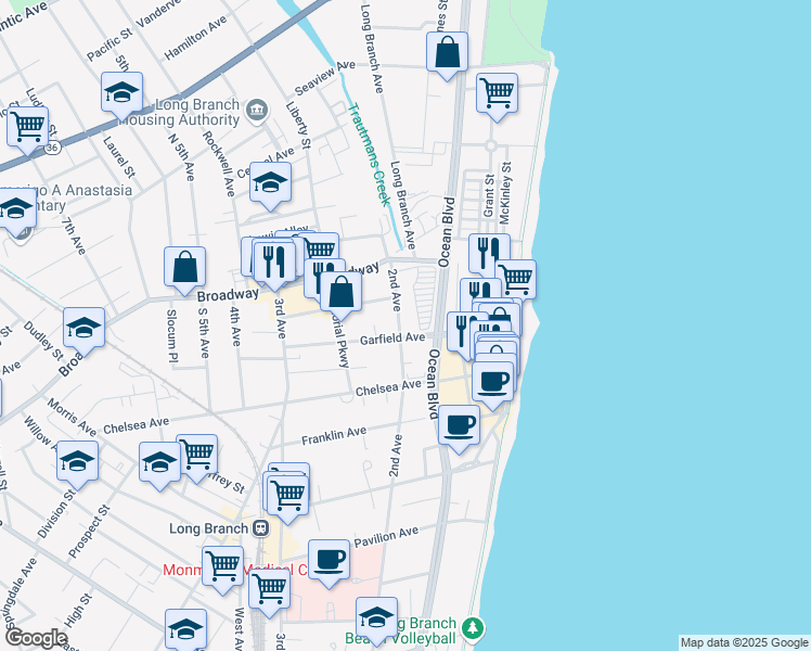 map of restaurants, bars, coffee shops, grocery stores, and more near 57 2nd Avenue in Long Branch