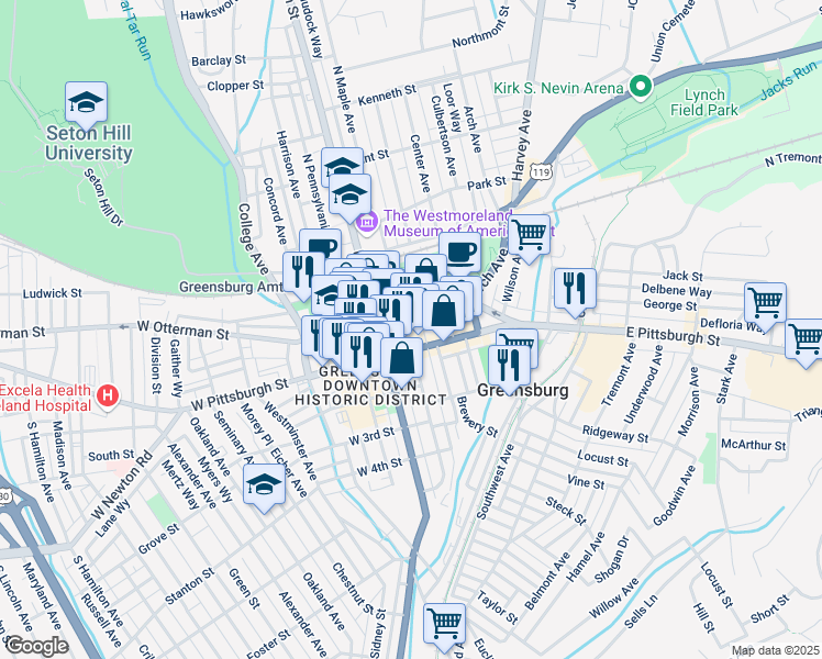 map of restaurants, bars, coffee shops, grocery stores, and more near 27 North Maple Avenue in Greensburg