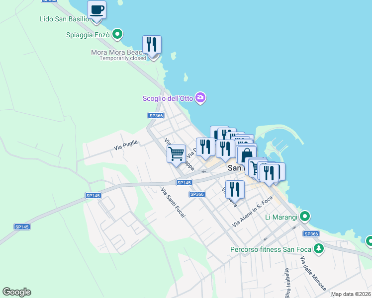 map of restaurants, bars, coffee shops, grocery stores, and more near 29 Via Vincenzo Bellini in San Foca