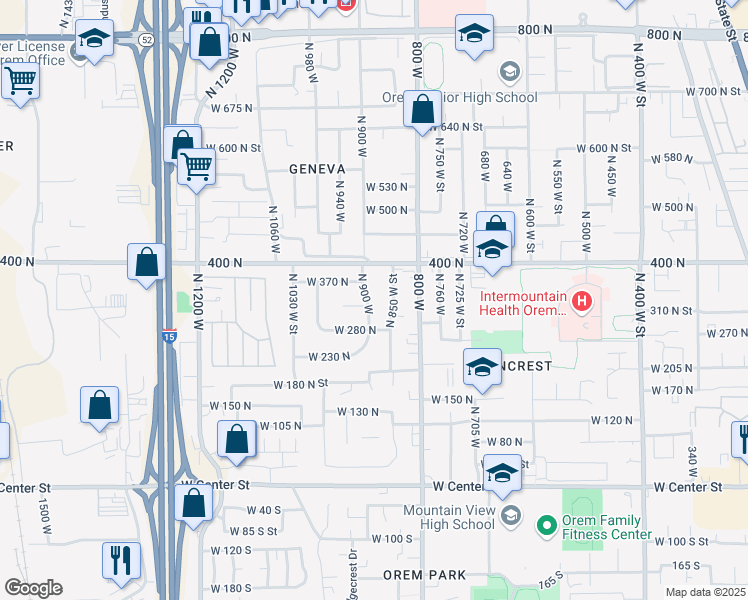 map of restaurants, bars, coffee shops, grocery stores, and more near 338 North 900 West in Orem