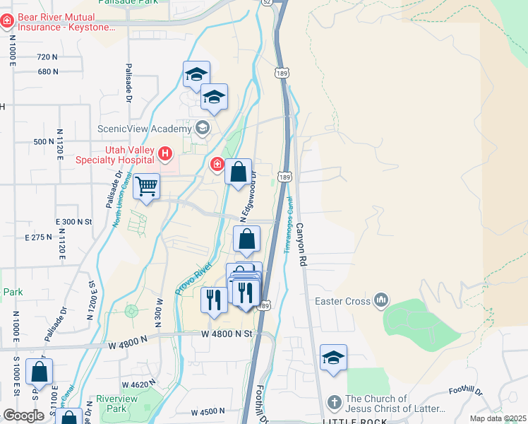map of restaurants, bars, coffee shops, grocery stores, and more near 5252 Edgewood Drive in Provo